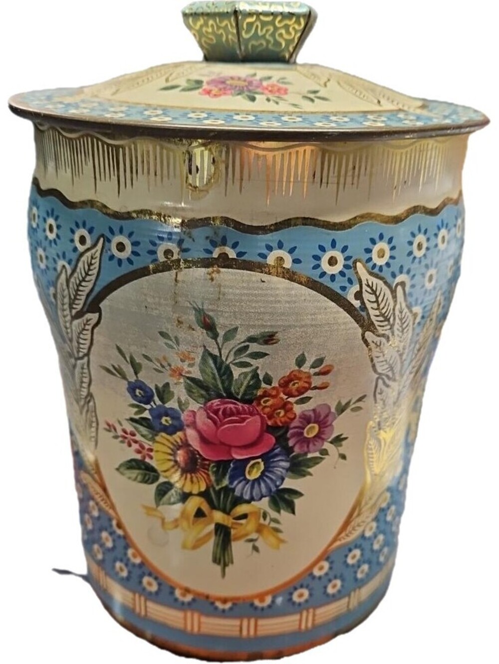Vintage George W Horner Floral Toffee Tin England Blue Gold